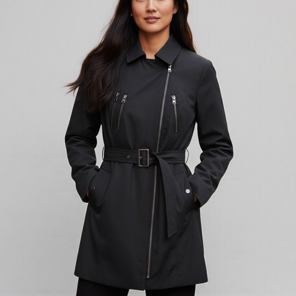 NINE‎ WEST Black Moto Style Belted Trench Coat Jacket Womens Medium Asymmetrical